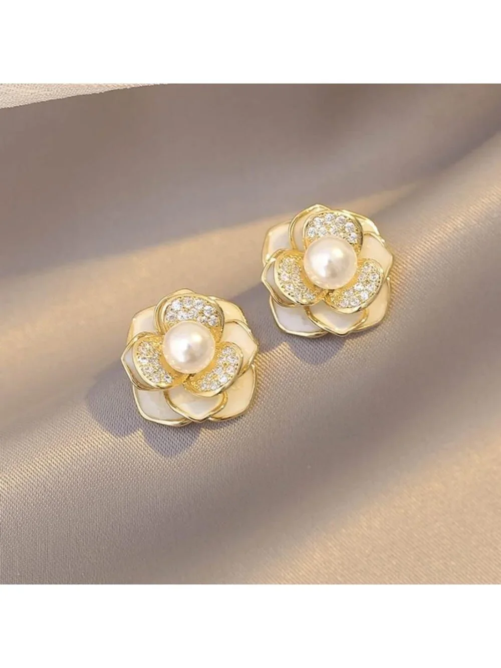 Elegant Pearl Flower Stud Earrings - 14K Gold Plated, CZ Cubic Zirconia Jewelry